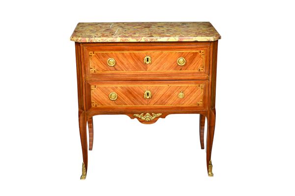 An 18th century French ormolu mounted tulipwood petite commode, the Breche d'Alep marble top over a pair of drawers, on slender cabriole supports, 81c