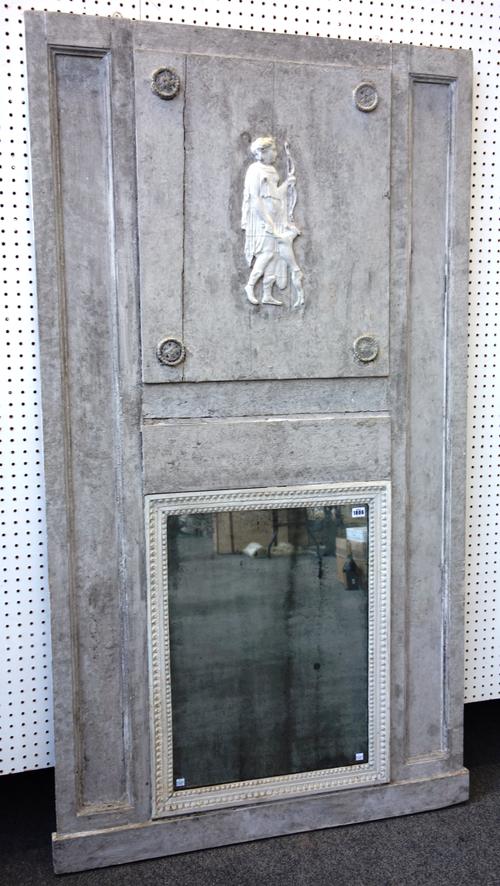 A 19th century Continental grey painted trumeau wall mirror, relief cast with a hunter and his dog, over rectangular mirror plate, 100cm wide x 181cm