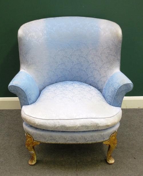 A George I style tub back easy chair, with bow seat, on painted cabriole supports, 90cm wide x 100cm high.