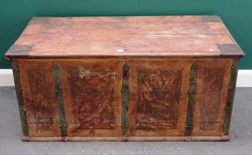 A late 19th century North European metal bound painted pine marriage chest, with rectangular lift top, 133cm wide x 65cm deep x 62cm high.