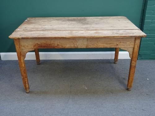 An early Victorian pine plank top kitchen table, with frieze drawer on tapering square supports, 154cm long x 91cm wide x 81cm high.