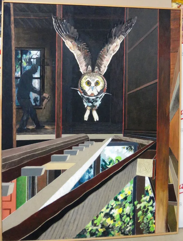 Richard Lannoy (d.2016), Owl, oil on canvas, signed and dated '91, unframed, 152cm x 116cm.  G1