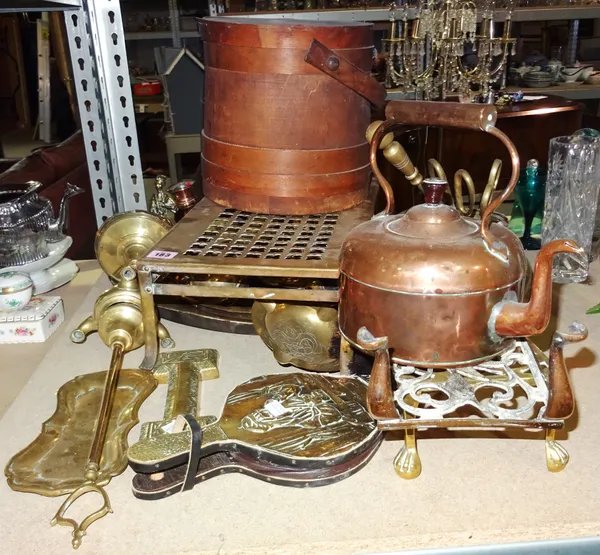 Copper and brass metalware collectables, including; a tray, candlesticks, a trivet, a vase and sundry, (qty). S2