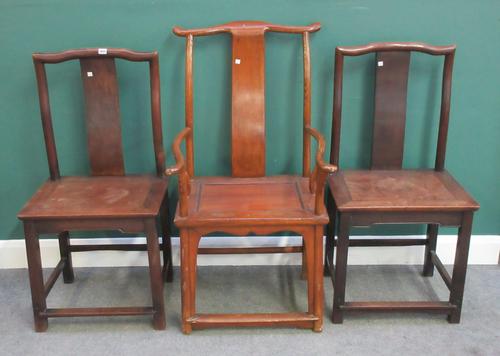 A pair of 18th century Chinese Hong-Mu yoke back side chairs with solid seated and square supports, 54cm wide x 107cm high together with a similarly e