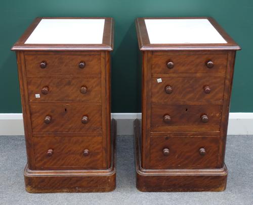 A pair of satin birch four drawer pedestals, each with marble inset top, on plinth base, 44cm wide x 75cm high x 58cm deep, (2).
