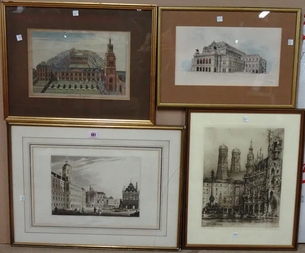 A group of four prints and engravings, including views of Amsterdam, Christs Hospital, Marienplatz and an Opera House.(4)  A3