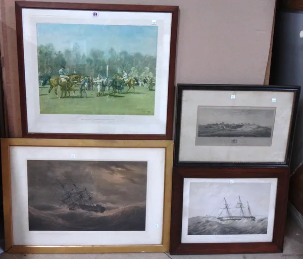 A group of four, including 'The Paddock at Epsom, Spring meeting' after Munnings, two engravings of marine subjects, and a view of Southwold, Suffolk.