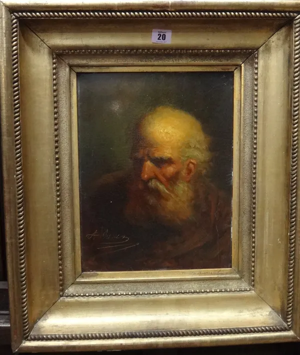 Continental School (late 19th century), Head study of an old man, oil on board, indistinctly signed, 34cm x 26cm.  L1