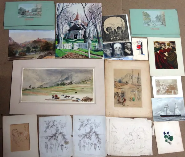 A collection of artwork including, 11 watercolour and pencil studies, 2 prints Argemone Mexicana 1845, a collection of watercolour studies, British la
