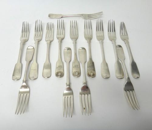 Silver fiddle pattern table forks, comprising; five London 1859, three fiddle and shell pattern London 1837 and five further fiddle pattern, various d