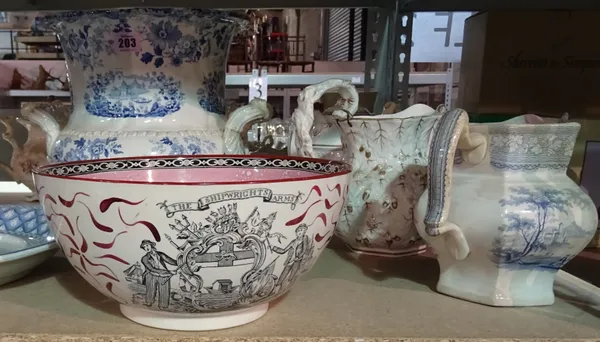 Ceramics, including; 19th century and later, a large lustre bowl, decorated with a ship, (a.f), teapots, jugs and sundry, (qty). S2