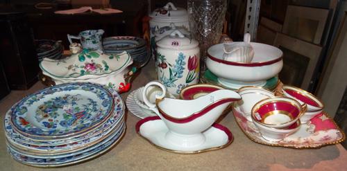 Ceramics, comprising; a quantity of ironstone plates and dinner wares, three Portuguese lidded jars, decorated with flowers, a part Minton tea set for