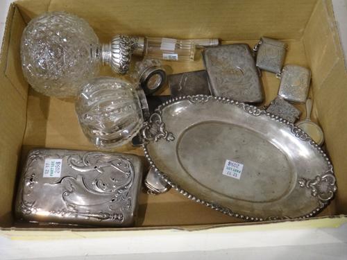 Silver and silver mounted wares, comprising; three faceted glass scent bottles, Birmingham 1897, 1906 and 1909, three rectangular vesta cases, a cigar