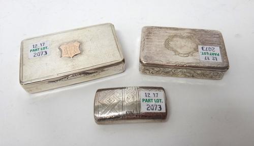 A William IV silver rectangular snuff box, gilt within, the exterior engine turned (rubbed) and with a later applied monogram engraved shield shaped c