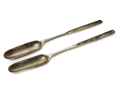 A silver marrow scoop, London, makers mark and date letter indistinct, together with another silver marrow scoop, marks rubbed, combined weight 77g (2