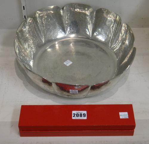 Eight Cartier Sterling octagonal baluster shaped small condiments, combined weight 57 gms, with a Cartier red case and a pewter bowl, of lobed form wi