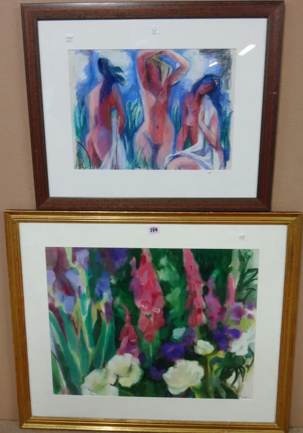 ** Vogl (20th century), Floral study; Figures; Sunset on the river, three, two watercolour, one pastel, all signed, the largest 47cm x 60cm.(3)  A3