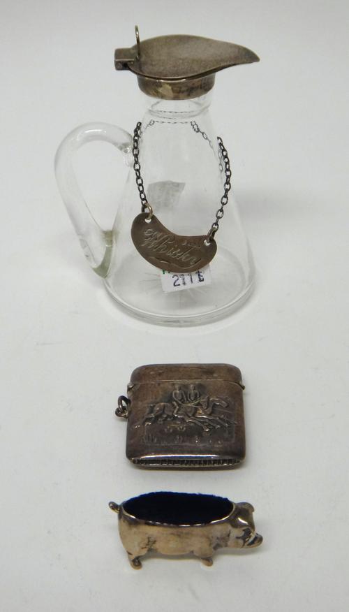 Silver and silver mounted wares, comprising; a glass whisky noggin, the silver mount Birmingham 1930, with a label detailed 'Whisky', Birmingham 1930,