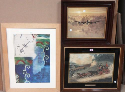 A hand coloured aquatint of a coaching scene after James Pollard, a reproduction print after Chagall and another of a Lancaster bomber, (3).  L1