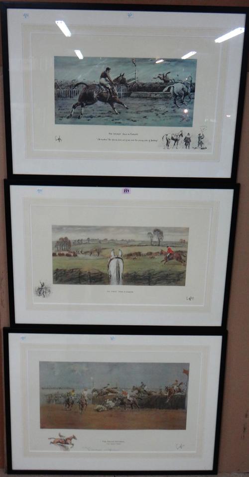 After Snaffles (Charles Johnson Payne) The finest view in Europe; The worst view in Europe; The Grand National, three reproduction prints.  H10