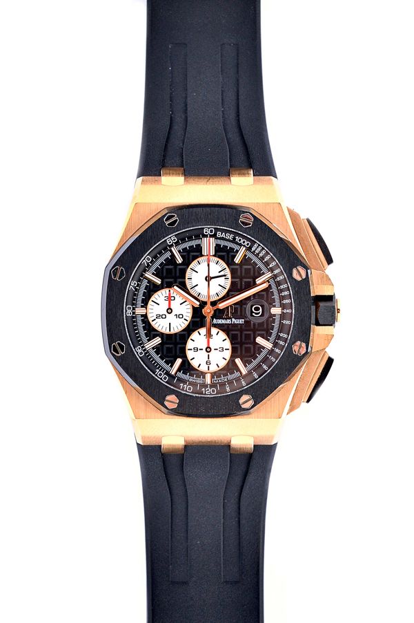 Audemars Piguet; A Royal Oak Offshore 18ct rose/pink gold and ceramic automatic chronograph wristwatch with date, case no. 0557, 18ct buckle, cal. 312