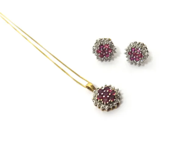 A 9ct gold, ruby and diamond set cluster pendant, with a gold neckchain and a pair of 9ct gold, ruby and diamond cluster earstuds, the backs with post