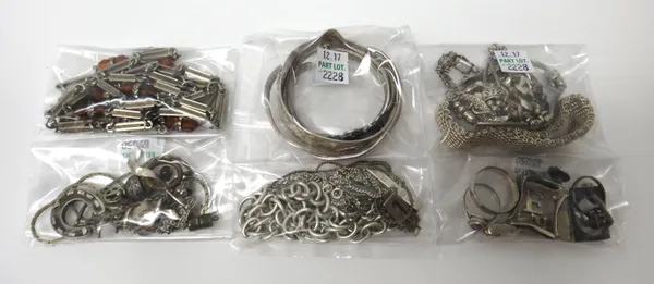 Silver and other jewellery, comprising; a marcasite set bracelet, in a floral design, three further bracelets, an oval hinged bangle, with engraved de