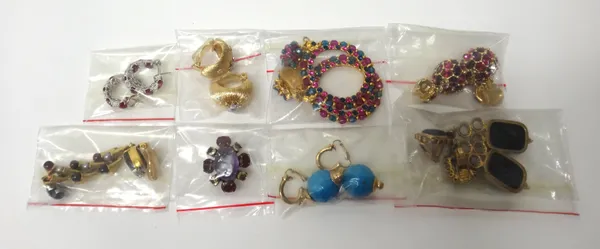 Eight pairs of mostly gem set costume earclips, in a variety of modern designs, including some detailed 925 and two odd earclips, with one case, (10).
