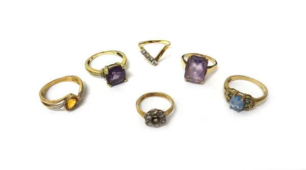 A 9ct gold ring, mounted with a cut cornered rectangular cut amethyst, Chester 1961, four 9ct gold and gem set rings, a gold and colourless gem set cl