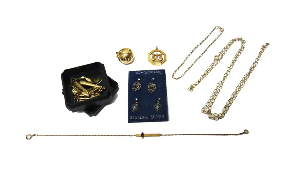 A 9ct gold Libra pendant, a folding Masonic ball pendant, opening to reveal engraved Masonic symbols, a 9ct gold bracelet, mounted with a marquise sha