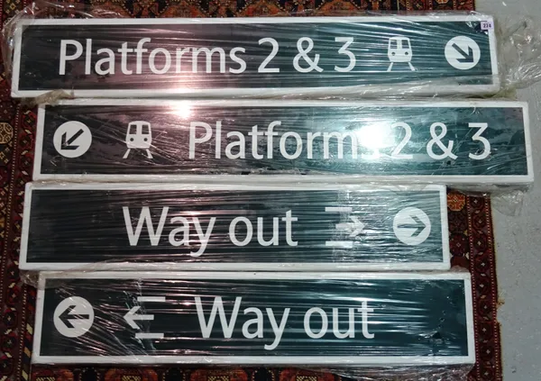 A group of four 20th century metal railway platform signs, (4). ROST