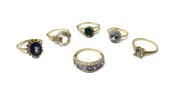 Six 9ct gold and vary coloured gem set dress rings, in a variety of designs, gross combined weight 15.1 gms, (6).