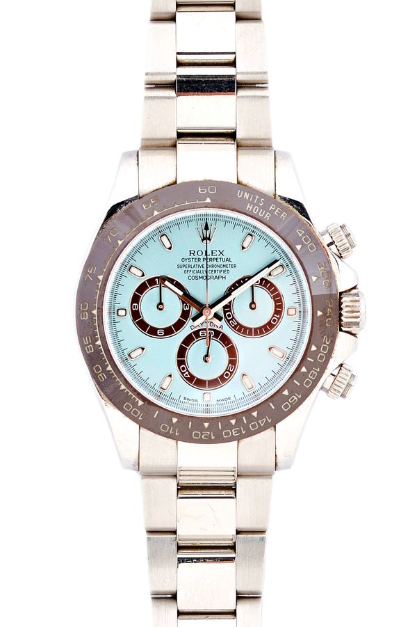 Rolex; A platinum automatic Cosmograph Daytona gentleman's wristwatch and bracelet, with ice blue dial, cerachrome bezel, Ref. 116506, case 01U3J347,