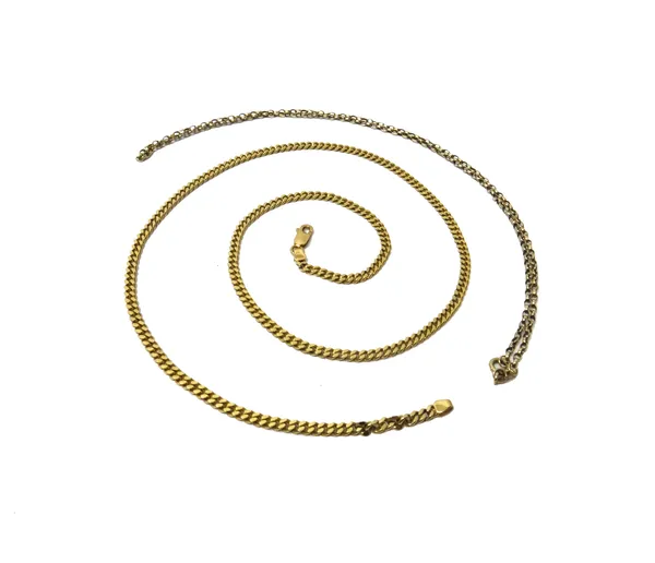 A 9ct gold faceted curb link neckchain, on a sprung hook shaped clasp and a 9ct gold oval link neckchain, on a boltring clasp, combined weight 22.6 gm