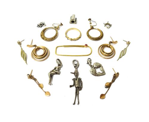 Four pairs of gold earrings, in a variety of designs, a diamond and amethyst ear clip (the amethyst detached but present), a gold and diamond set ring