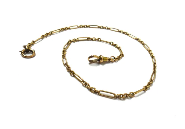 A gold bar and oval link dress Albert chain, fitted with a gold boltring detailed 9 and with a swivel, length including end fittings 41.5cm, weight 11
