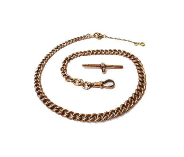 A gentleman's 9ct gold graduated curb link watch Albert chain, fitted with a 9ct gold swivel, a 9ct gold T bar and with a safety chain, weight 38.8 gm