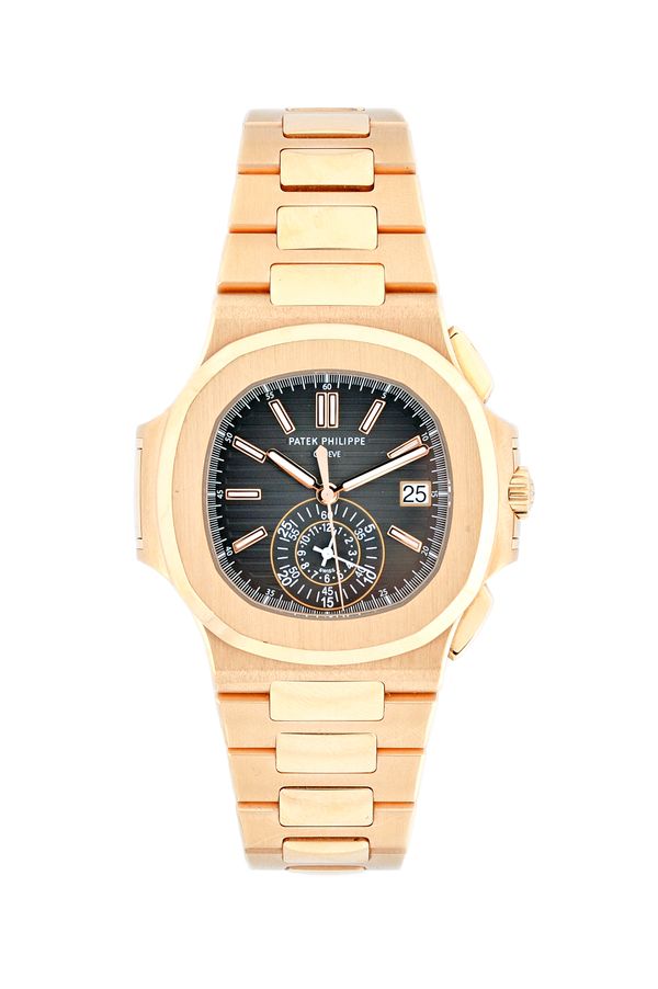 Patek Philippe; A Nautilus black dial 18ct rose/pink gold chronograph automatic gentleman's wristwatch and bracelet, 5980/1R, cal 28-520, serial numbe