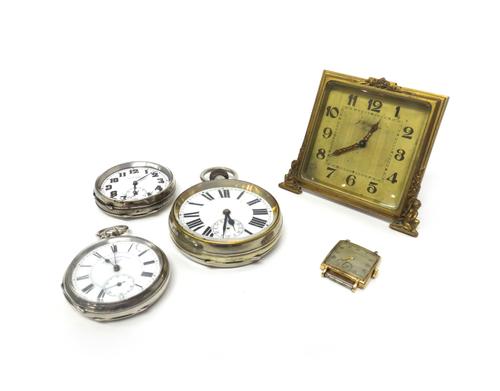 A Hirco 9ct gold square cased gentleman's wristwatch, the signed square dial with gilt Arabic numerals, two silver cased, key wind openfaced pocket wa