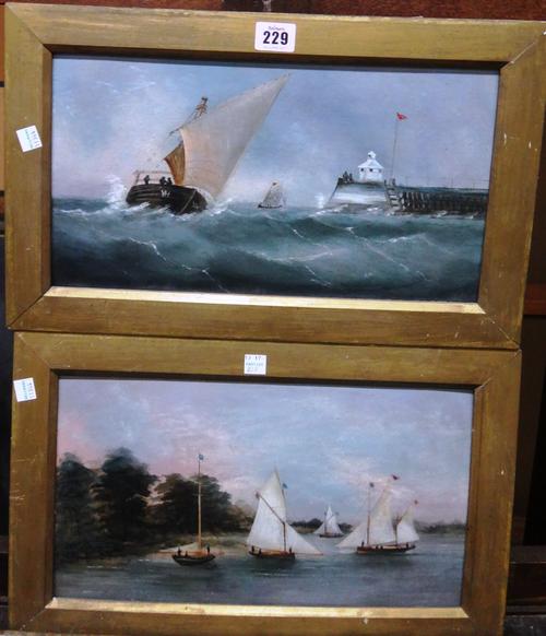 English School (19th century), Entering Harbour; Boats in an estuary, a pair, oil on board, one indistinctly signed, each 20cm x 35.5cm, (2).  A5