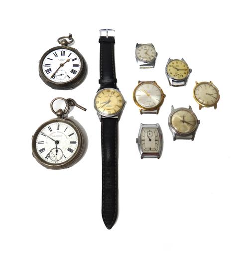 Two silver cased, key wind, openfaced gentlemen's pocket watches, Birmingham 1899 and 1900, with a key and seven gentleman's wristwatches, comprising;