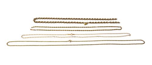 A 9ct gold faceted curb link neckchain, on a boltring clasp and three further gold neckchains, combined weight 15.3gms (4).