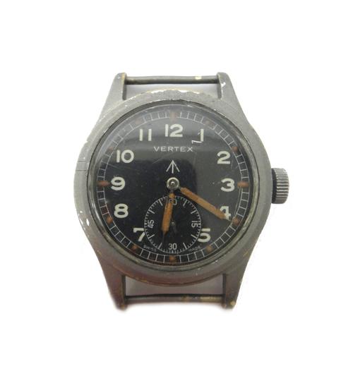 A Vertex M.O.D issue base metal cased gentleman's wristwatch, the signed black dial with Arabic numerals and with subsidiary seconds, detailed to the