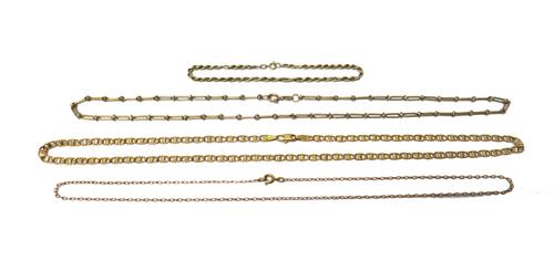A 9ct gold bar and ropetwist oval link neckchain, on a sprung hook shaped clasp, two further 9ct gold neckchains and a 9ct gold bracelet, combined wei