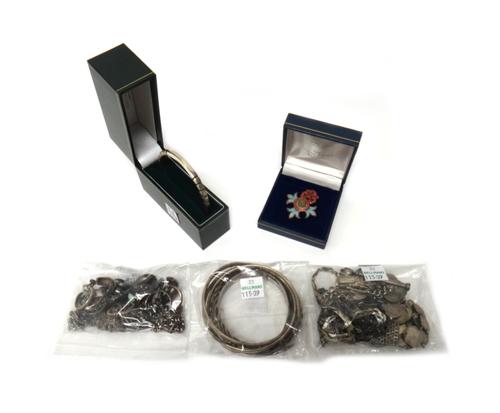 Silver and other jewellery, comprising; a triple section bangle, three further bangles, nine bracelets, including a bracelet made from William IV silv