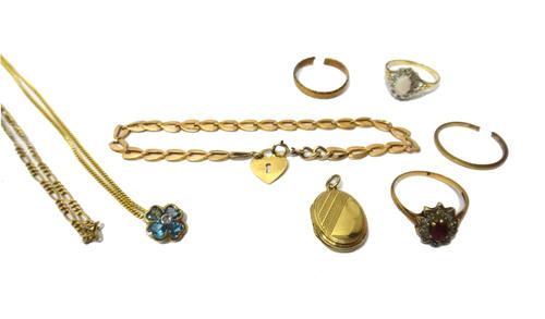 A 9ct gold, opal and diamond oval cluster ring, a gold, ruby and diamond oval cluster ring, two 9ct gold wedding rings (both cut), a pair of 9ct gold