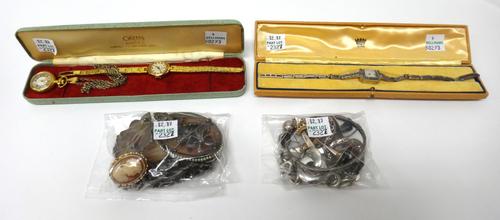 Two ladies marcasite set bracelet wristwatches, an Oris Super gilt metal ladies wristwatch, a gilt metal pendant watch, with a gold link multiple neck