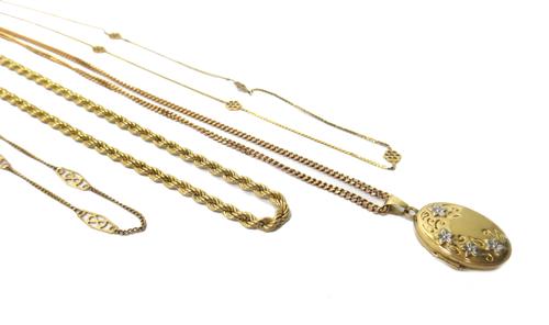 A 9ct gold faceted curb link neckchain, on a boltring clasp, with a 9ct gold oval pendant locket, a 9ct gold ropetwist link neckchain, on a boltring c
