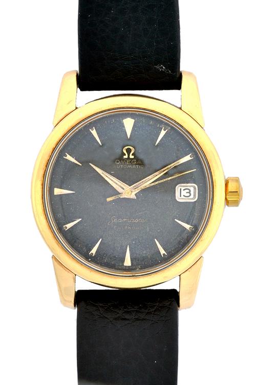 An Omega Seamaster Calendar Automatic 14ct gold circular cased gentleman's wristwatch, with a signed jewelled movement, having precision regulation, d