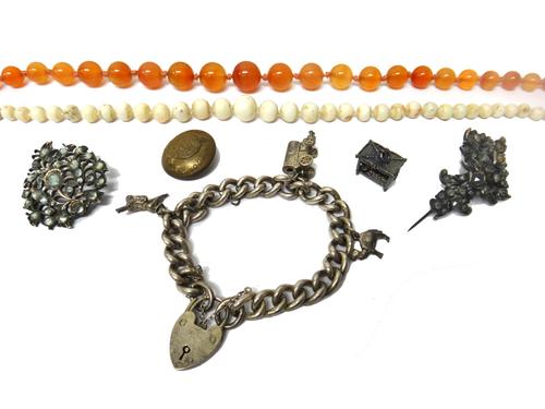 A single row necklace of graduated cornelian beads, another bead necklace, two jargoon set brooches, probably Indian, a silver curb link charm bracele